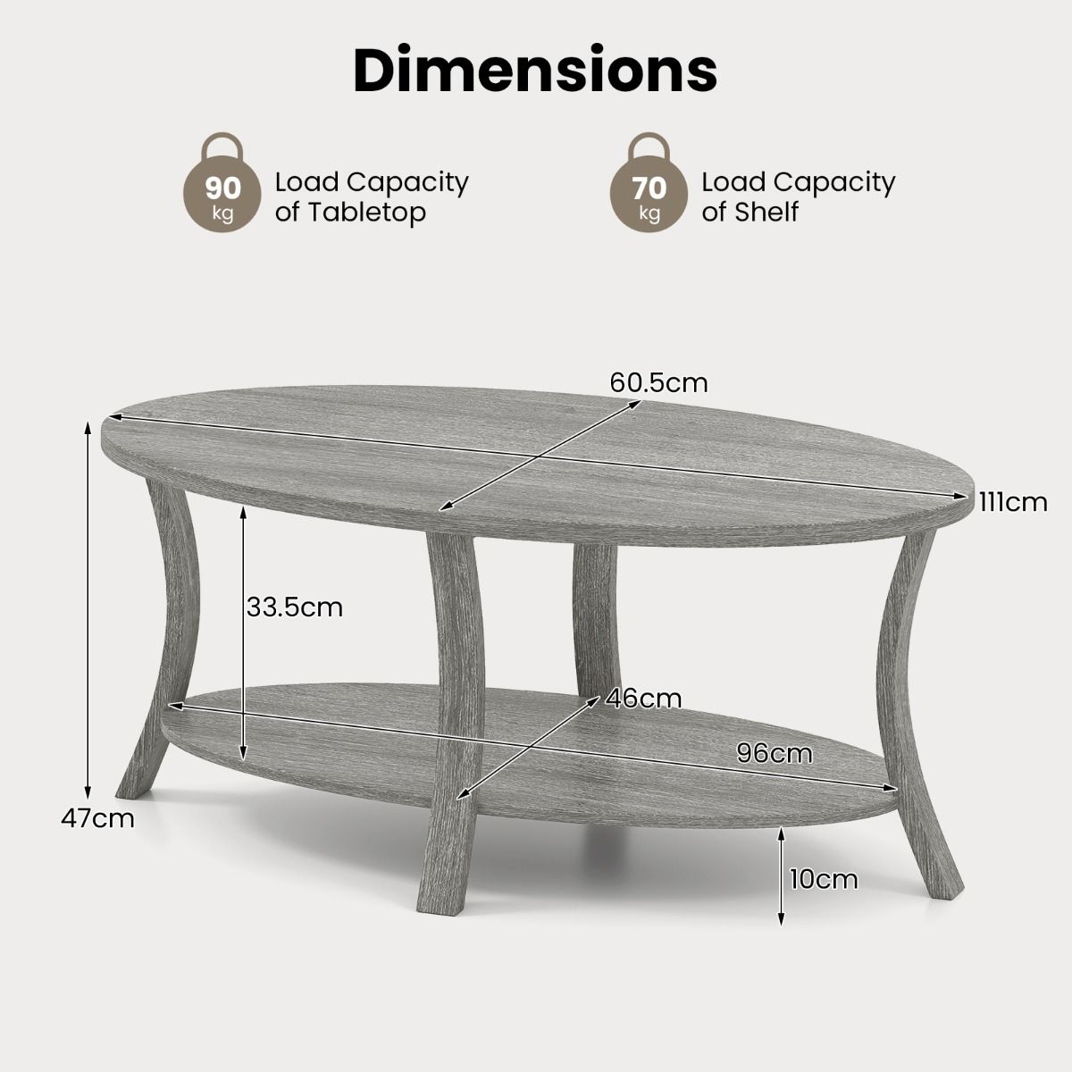 Table basse ovale Coast - 2 niveaux avec espace de rangement - bois d'hévéa - gris - 111 x 60,5 x 47 cm