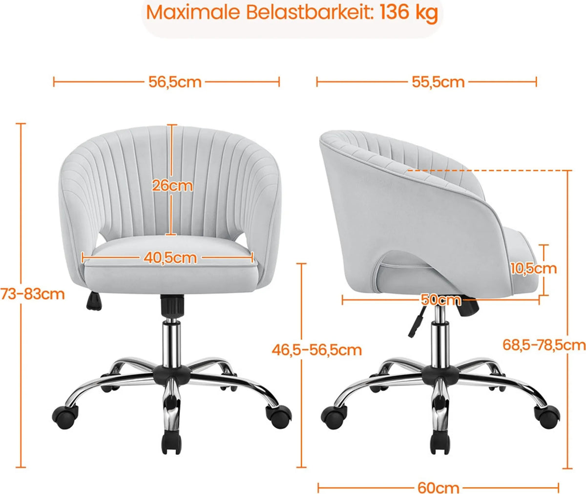 Yaheetech Fauteuil de bureau Fauteuil - 60 x 56,5 x 73-83 cm - avec rembourrage doux et velouté, hauteur d'assise réglable et fonction relaxante - pour le bureau et la salle de réception - polyester gris clair et métal