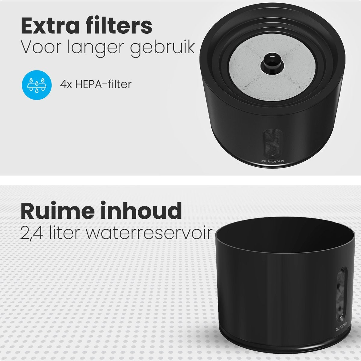 Abreuvoir Auronic - Fontaine à eau pour chats et chiens - 2.4L - Abreuvoir pour animaux - 3 filtres et 2 brosses inclus - Noir