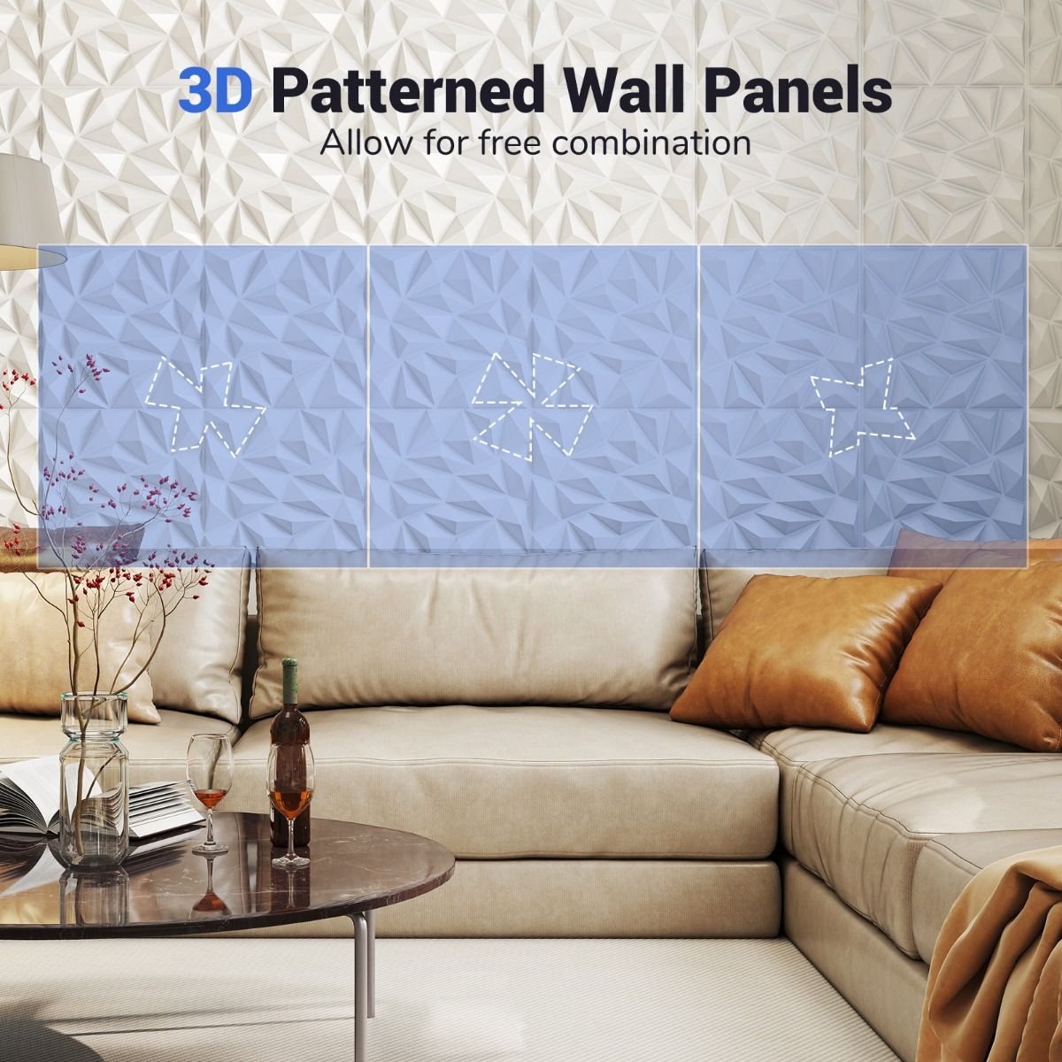 Panneaux muraux Coast 3D - motif en losange - autocollants - blancs 50 x 50 cm, 40 pièces, 10 m²