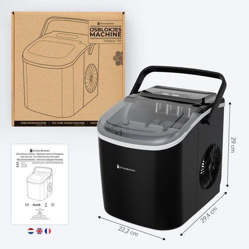 Machine à glaçons KitchenBrothers - 7 à 9 min - Portable avec poignée - Pelle à glaçons incluse - Noir