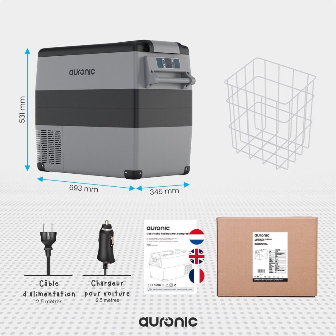 Glacière électrique à compresseur Auronic - 49.5L - Chargeur voiture 12V Prise de courant 230V - Gris