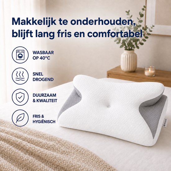 Oreiller ergonomique - 95 % coton - Oreiller pour douleurs cervicales - Oreiller papillon - Pour les personnes dormant sur le dos, sur le ventre ou sur le côté - Mousse à mémoire de forme - Oreiller en mousse à mémoire de forme - Oreiller de sommeil - Ore