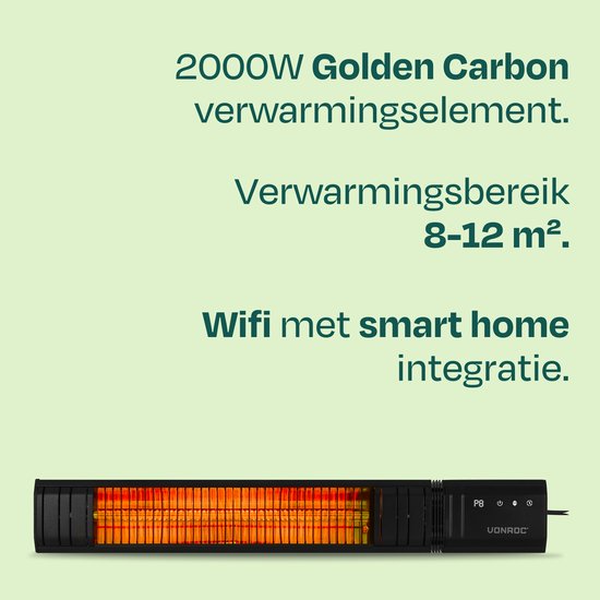 Chauffage de terrasse VONROC Sabatini 2000 W – Chauffage de terrasse – Élément chauffant Golden Carbon – Minuterie 24 heures – Avec télécommande, écran tactile et Wi-Fi