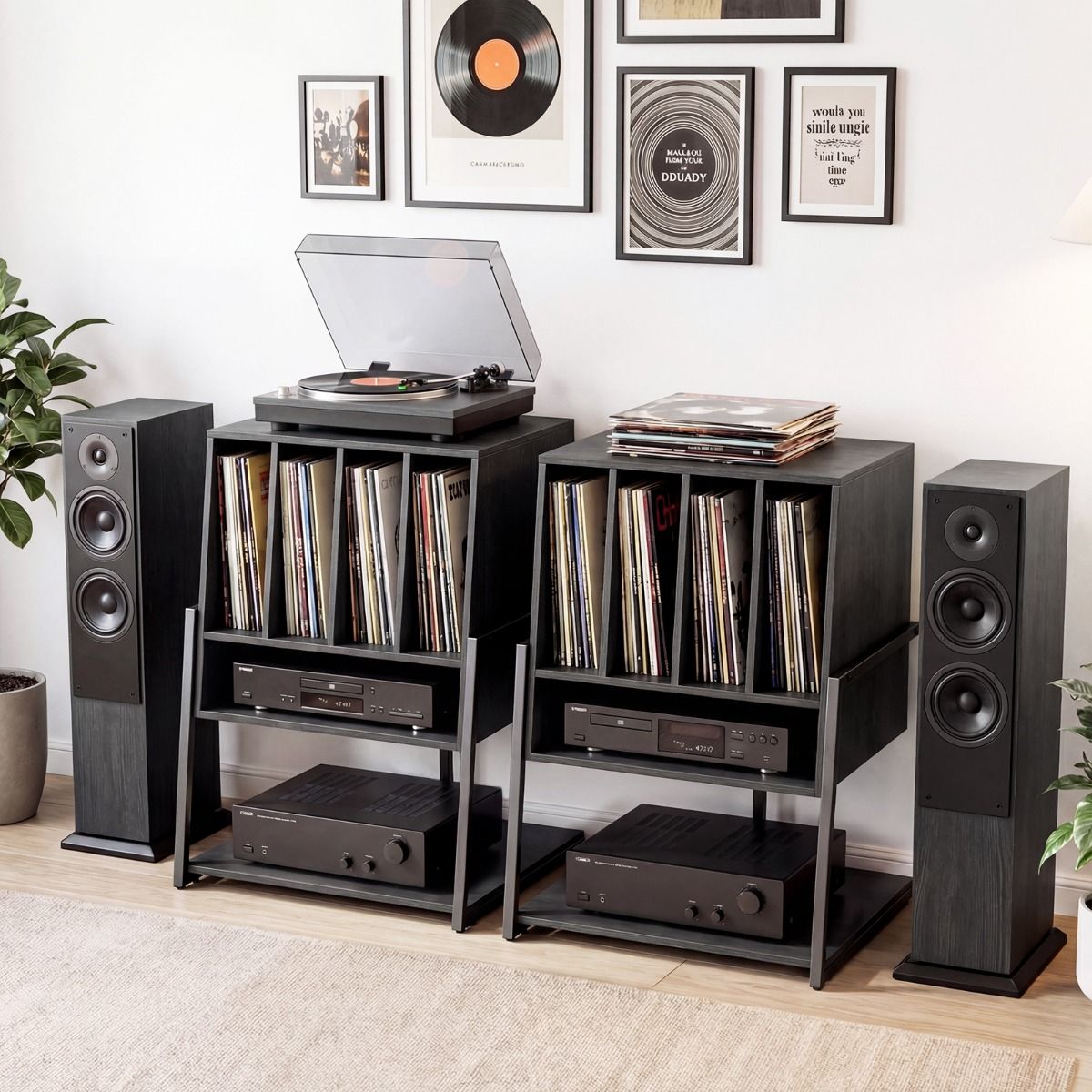 Meuble pour platine vinyle Coast - meuble pour platine vinyle avec espace de rangement - roulettes ou pieds réglables - noir/marron rustique - 54 x 57 x 76,5 cm