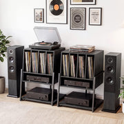 Meuble pour platine vinyle Coast - meuble pour platine vinyle avec espace de rangement - roulettes ou pieds réglables - noir/marron rustique - 54 x 57 x 76,5 cm