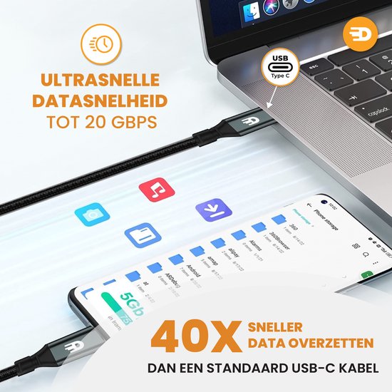 Drivv. Câble USB C vers USB C 3.2 - Chargeur rapide 100w - 4K 60Hz - 20GBs - 3 mètres - Convient à Samsung, Macbook, iPhone 15 et autres - Nylon - Gris