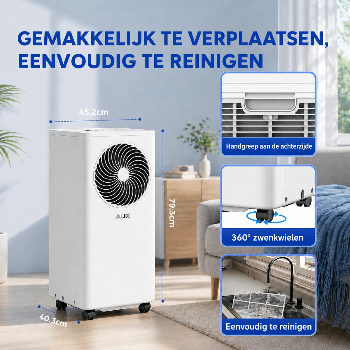Climatiseur mobile AUX 3-en-1 - 9 000 BTU - Wi-Fi - classe énergétique A