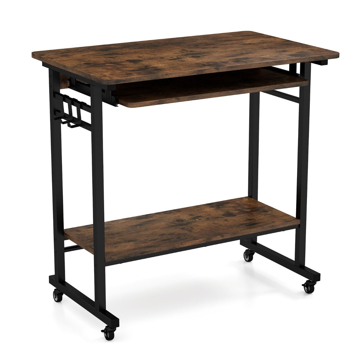Table d'ordinateur Coast sur roulettes - avec tablette pour clavier et étagère de rangement - marron vintage - 80 x 50 x 78 cm
