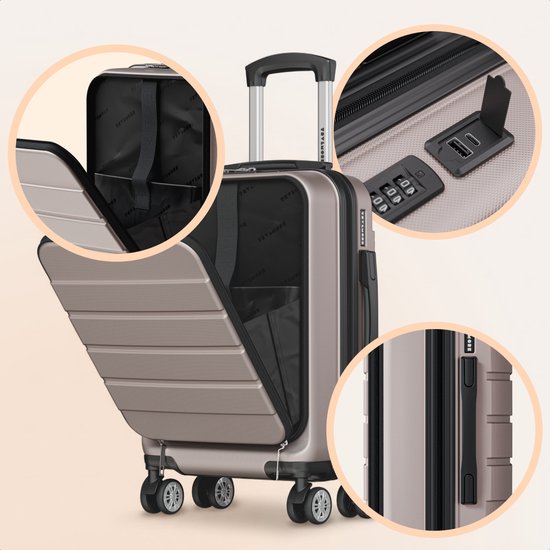 Valise TRVLMORE - 54 x 37 x 23 cm - Avec poche avant - 44 L - Serrure TSA - 4 roulettes - Or rose