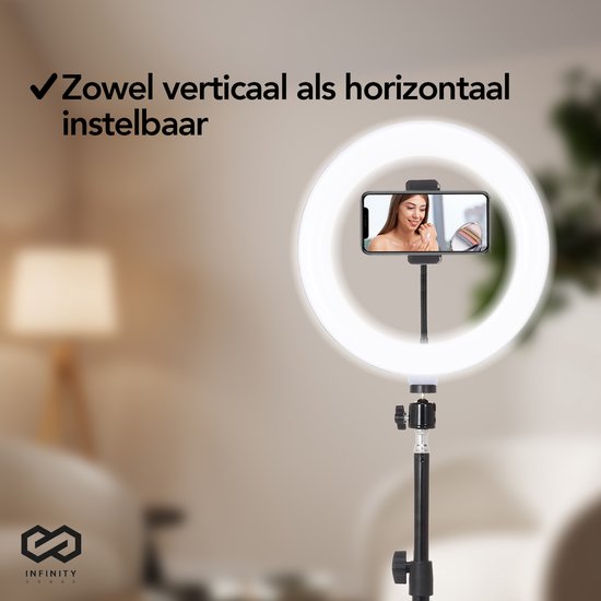 Infinity Goods Ring Light With Tripod - LED - 3 Colours - Adjustable Tripod Up to 186m - Includes Plug - Selfie Ringlight for Tiktok / Instagram / Youtube / Streaming / Working at Home - Black