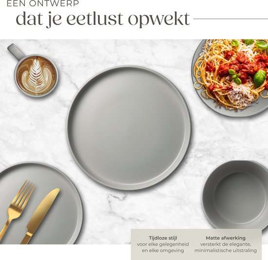 tectake® Service de table Una - 30 pièces - Grès - 6 couverts - Service de table élégant et durable - Ensemble comprenant des grandes et petites assiettes, des bols, des coupelles - Tasses - Gris