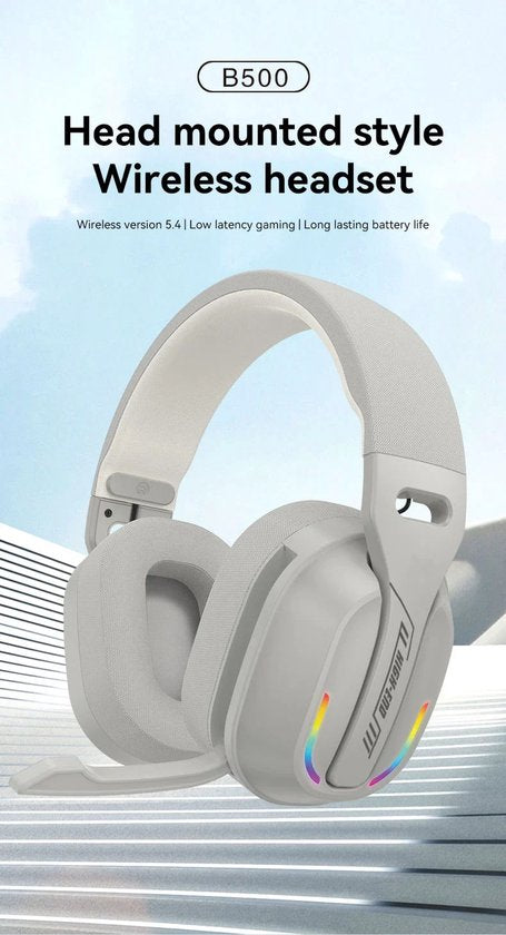 Casque de jeu sans fil Ntech B500 avec micro - Bluetooth 5.4 et 2,4 GHz - RGB - Blanc