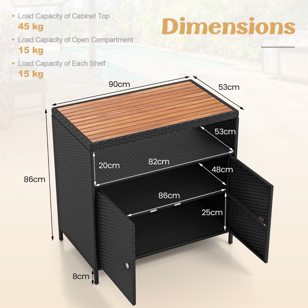 Meuble de rangement Coast avec plan de travail en bois d'acacia - compartiment ouvert et 2 portes - noir