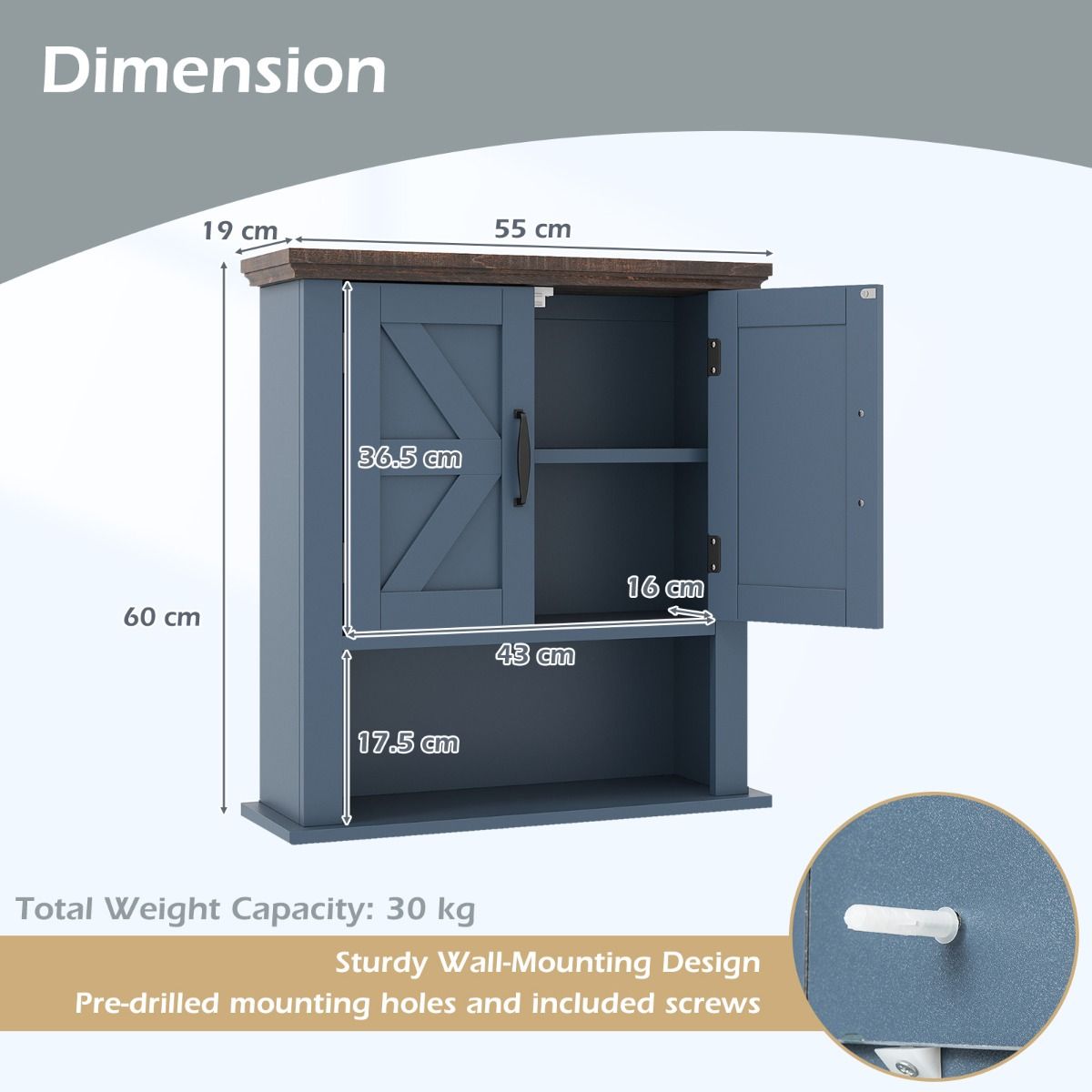 Armoire murale Coast en bois - étagères réglables - portes et compartiment de rangement ouvert - bleu marine 55 x 19 x 60 cm