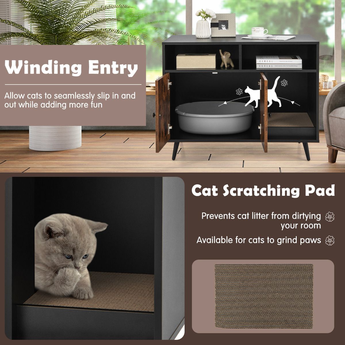 Meuble pour litière Coast avec arbre à chat - meuble de rangement avec dispositif anti-basculement - noir et marron - 90 x 50 x 70 cm