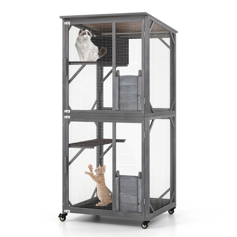Maison pour chat en bois Coast - Toit en asphalte résistant aux intempéries - Avec roulettes et plateformes - Gris 80 x 70 x 182 cm