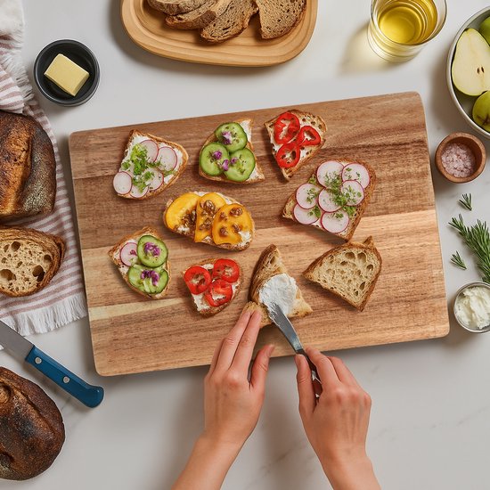 Deleca 3x Set de planches à découper Culina - Epaisseur 3 cm - Planches à découper (33x25 / 38x28 / 43x30 cm) - Avec support - Pour la cuisine, planche à servir, planche à fromage, planche à boire, planche à découper et planche à tapas - Bois d'acacia