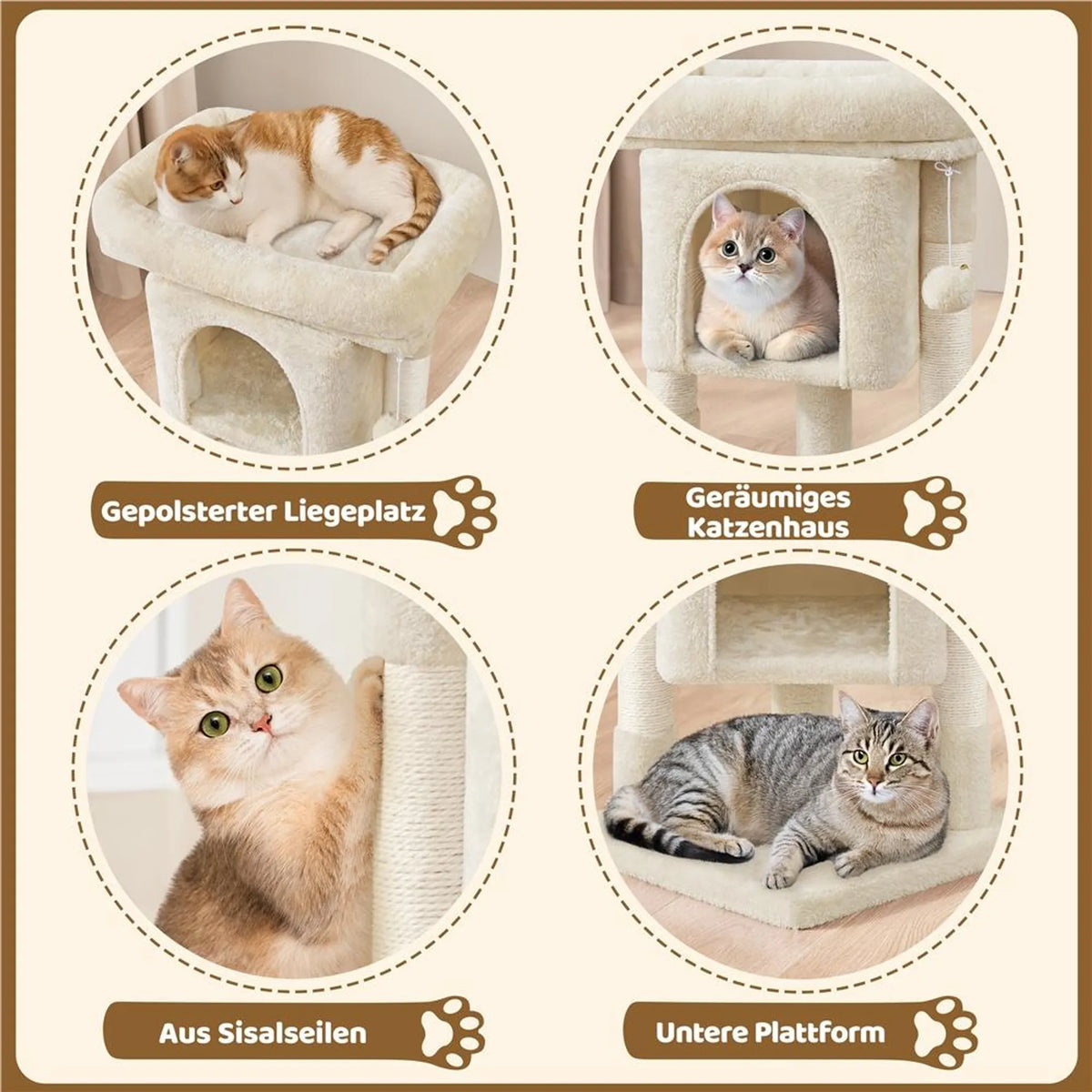 Yaheetech Cat Pole With Cat Burrow - équipé de griffoirs en sisal, d'un hamac et d'une aire de repos douce - pour chatons et petits chats - panneau de particules et peluche beige - 40,5 x 40,5 x 59 cm