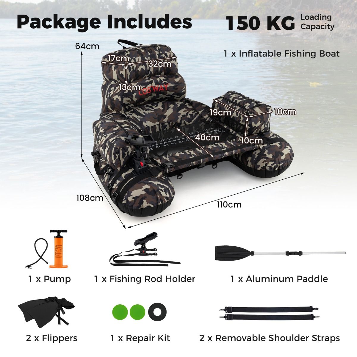 Bateau de pêche gonflable et chaise de camping pliable Coast - Grande capacité de charge - Avec support de canne à pêche et sac de transport - Vert et camouflage