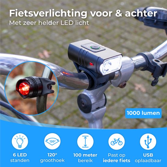 Nuvance Bicycle Light - Eclairage vélo - 6 étapes - 1000 Lumen - Eclairage vélo - Eclairage avant - Eclairage arrière - USB rechargeable