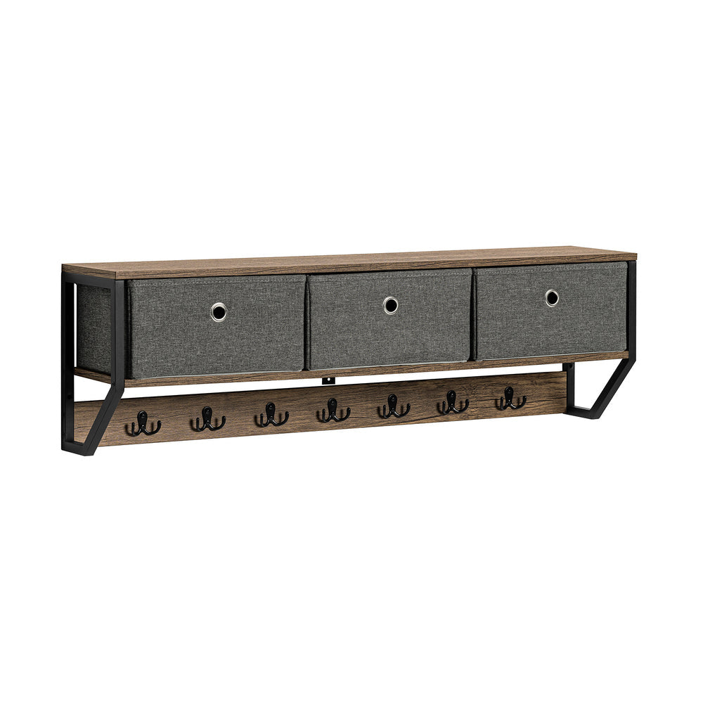 SoBuy Porte-manteau mural - Porte-manteau suspendu avec 3 paniers et 7 crochets - Max. 22KG - 100 x 20 x 30 cm - Couleur bois