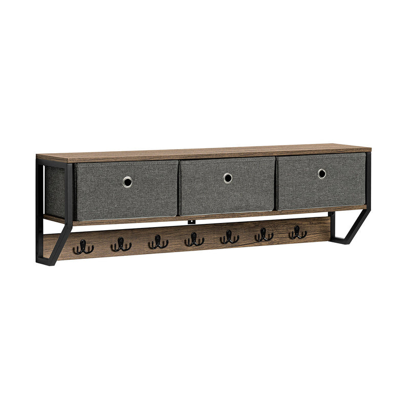 SoBuy Porte-manteau mural - Porte-manteau suspendu avec 3 paniers et 7 crochets - Max. 22KG - 100 x 20 x 30 cm - Couleur bois