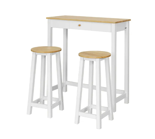 SoBuy Table de bar avec 2 tabourets de bar - Max. 90 kg par tabouret - 95 x 40 x 107 cm - Blanc/ Naturel