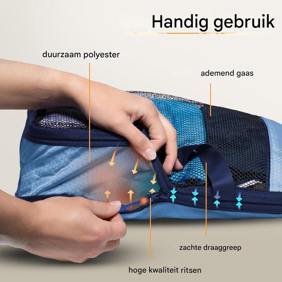 Lot de 7 cubes de rangement - avec système de compression pour valise et sac à dos, sac de rangement inclus, Mariner's Azure - Bleu