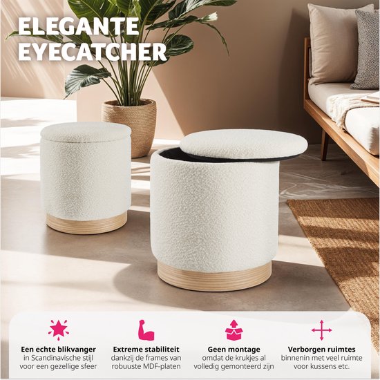 tectake® - Lot de 2 tabourets avec rangement - tissu bouclé teddy - Scandi - Tabouret rembourré rond - Pour table de maquillage, chambre, salon - 2 tailles (38 et 32cm)