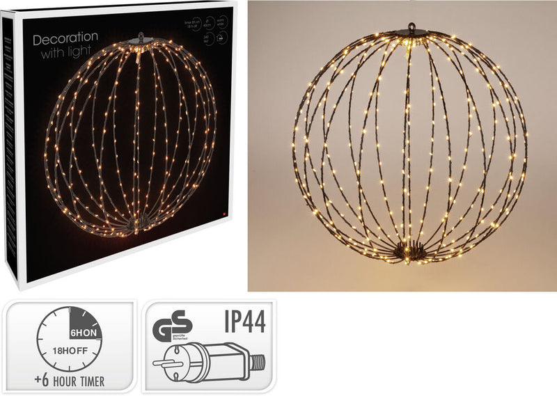 Boule lumineuse LED Nampook et boule de Noël en métal, 240 LED, 40 cm – Cadre noir – Blanc chaud
