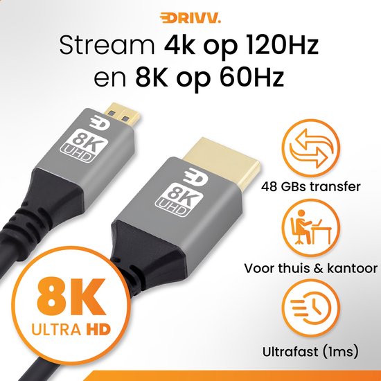 Drivv. Câble Premium Micro HDMI vers HDMI 2.1 - 8K 60Hz / 4K 120Hz Ultra HD - Convient aux caméras, GoPro, ordinateurs - 1 mètre - Gris