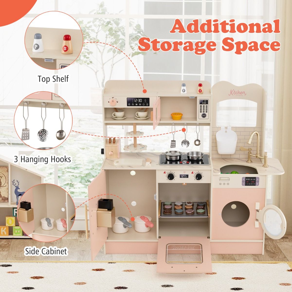 Cuisine jouet en bois Coast pour enfants - avec 25 accessoires - lumières et sons - rose