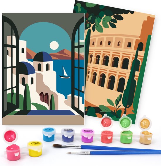Rubye® Painting By Number Adults - Italy - Including Painting and Brushes - Canvas Painting Canvas Without Frame - Colour by Number - Double Set - 15x20cm