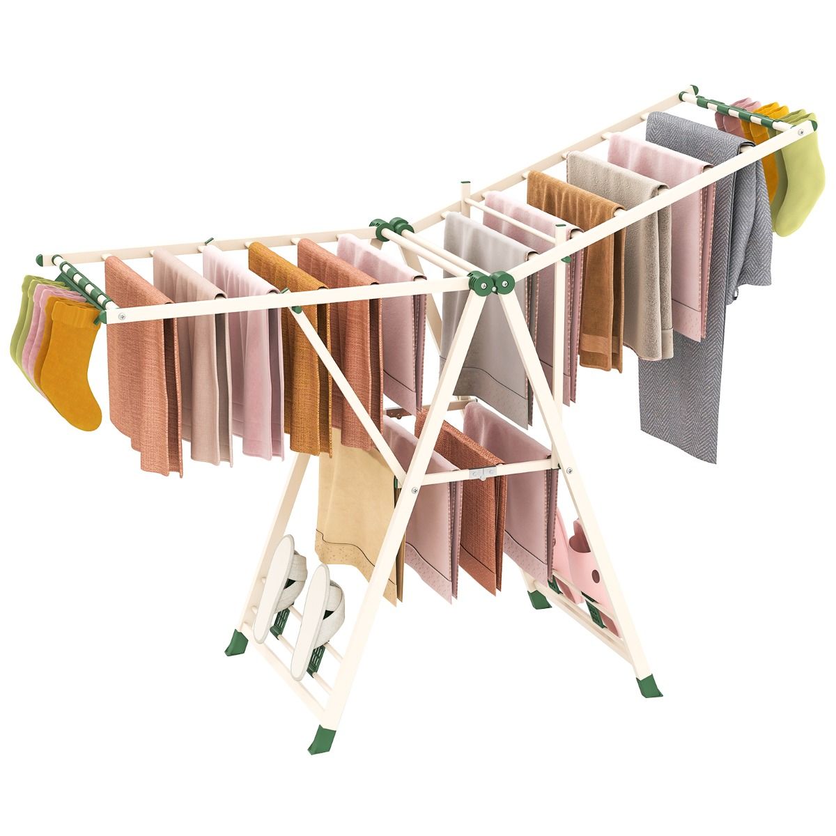 Séchoir à linge pliable Coast - ailes réglables - pinces à chaussettes et supports à chaussures - blanc/beige 163 cm