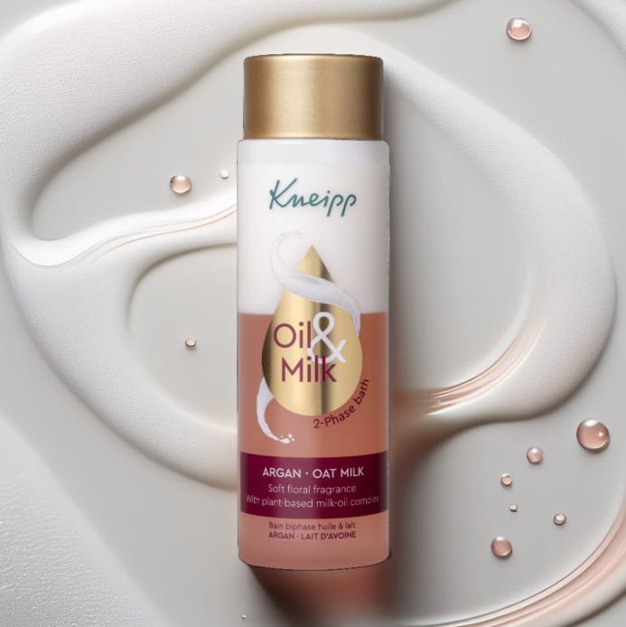 Huile de bain Kneipp 2 phases à l'argan et au lait d'avoine 250 ml – Jaune/Blanc – Huile d'argan et lait d'avoine