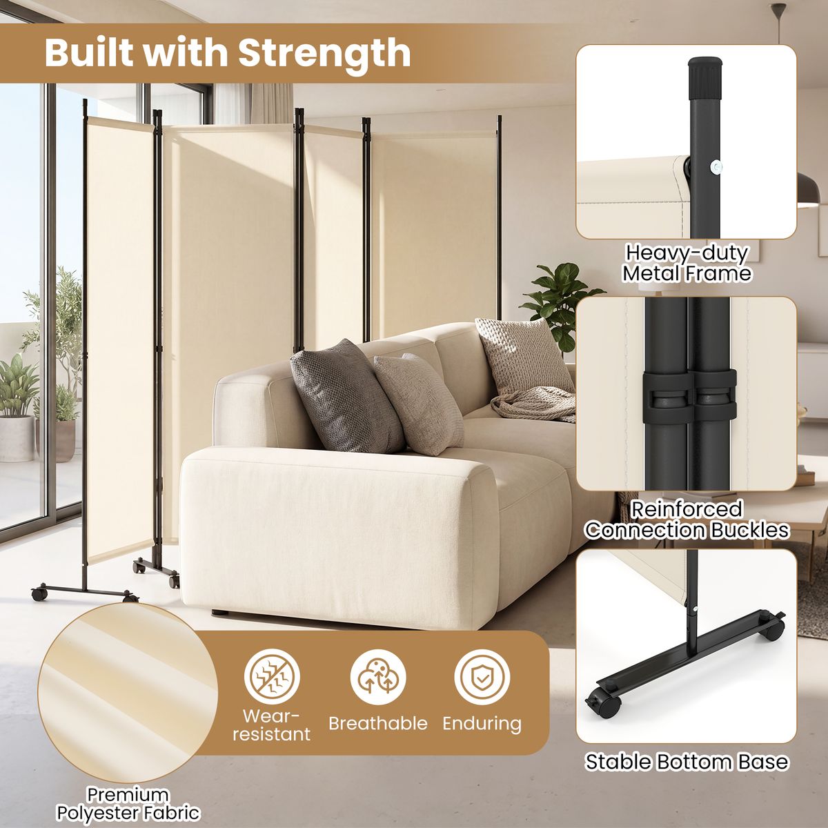 Coast : paravent à 4 panneaux sur roulettes - pliable - protège de la vue - beige - 1 pièce