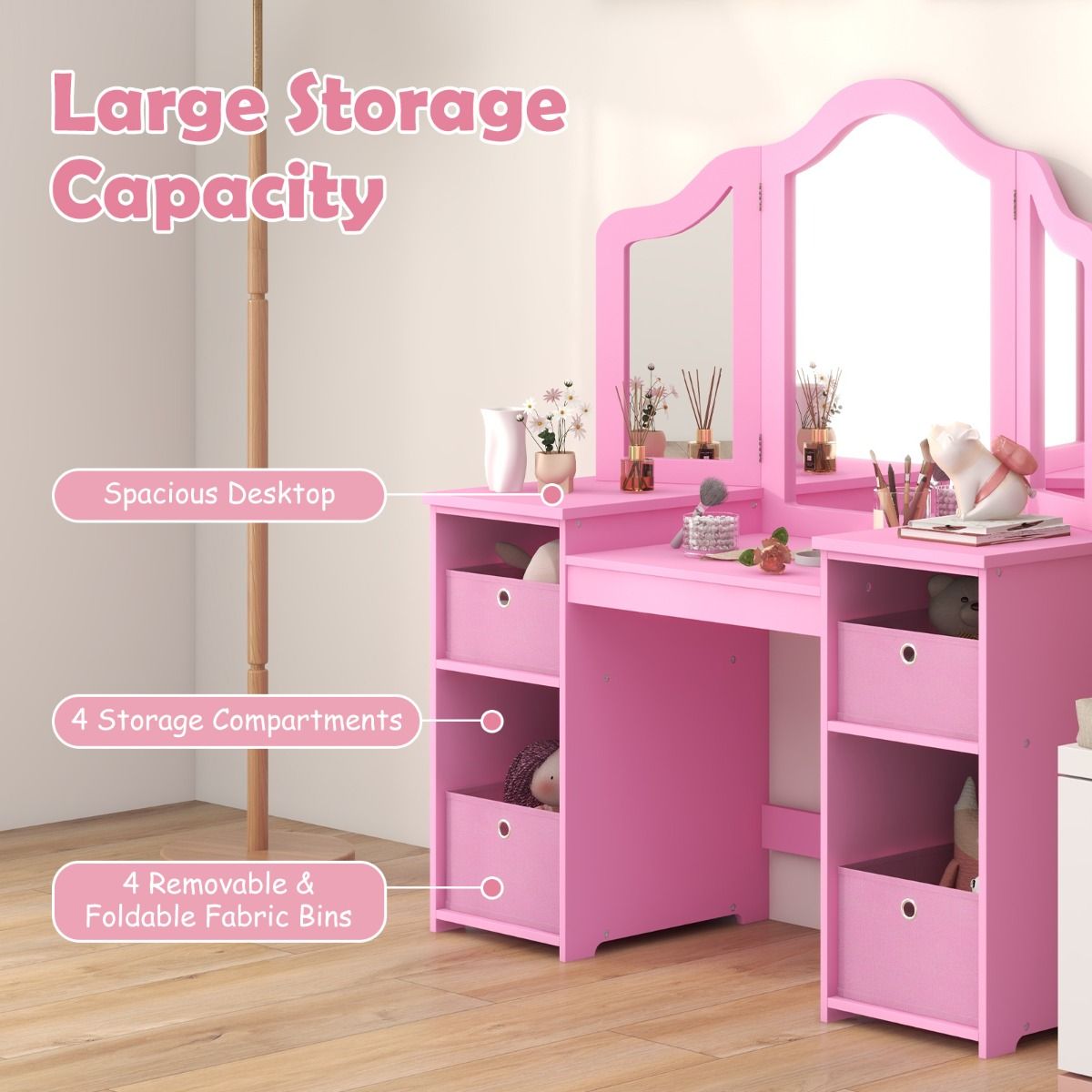 Coast : coiffeuse et bureau pour enfant - Miroir amovible à trois faces - Avec bacs de rangement - Rose