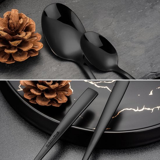 Deleca 8 Person Cutlery Set Essential (48 pieces) - Spoons, Knives, Forks, Steak Knives & Pastry Forks - Dishher Safe Cutlery - Shiny Black / Stainless Steel