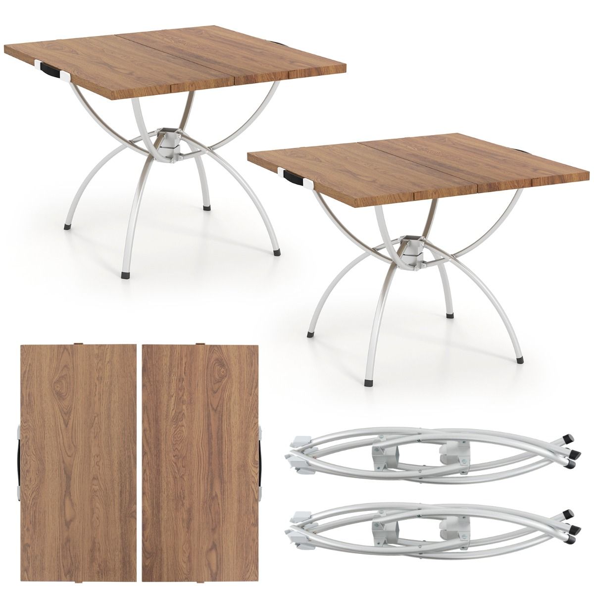 Ensemble de table de camping pliable Coast - Extensible - Aluminium léger - Plateau imitation bois - Couleurs café et argent