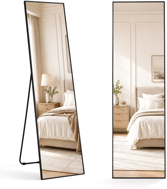 Infinity Goods Miroir en pied - Miroir mural - Miroir rectangulaire sur pied - Bordure métallique luxueuse - 160 x 40 cm - Noir