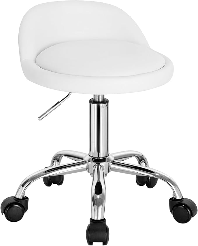 WOLTU Tabouret de bureau - à roulettes - réglable - dossier bas - cuir synthétique - blanc