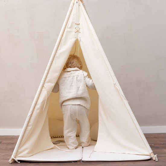 Sunny Alba Tente Tipi Crème/Blanc pour enfants - Tente de jeu Wigwam avec fenêtres en coton - Tente Tipi enfants avec Coussin Tapis - 120x120x160cm - Bâtons en bois FSC