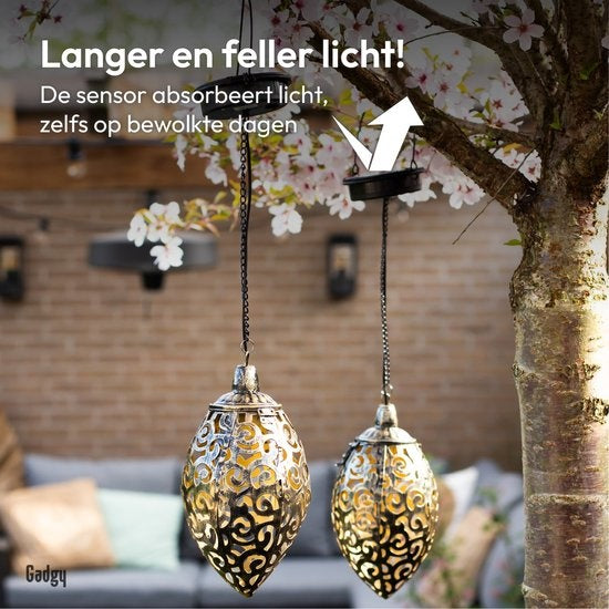 Gadgy Lanterne Orientale Solaire Suspendue 2 pièces - Éclairage de Jardin Solaire à LED - Capteur Jour/Nuit - Lanterne de Jardin - Bronze - Métal