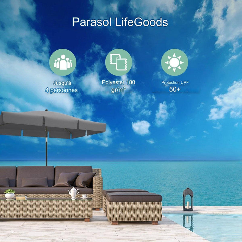 Parasol - LifeGoods - 30° inclinable - Imperméable - Avec housse - 200x125cm - Gris foncé