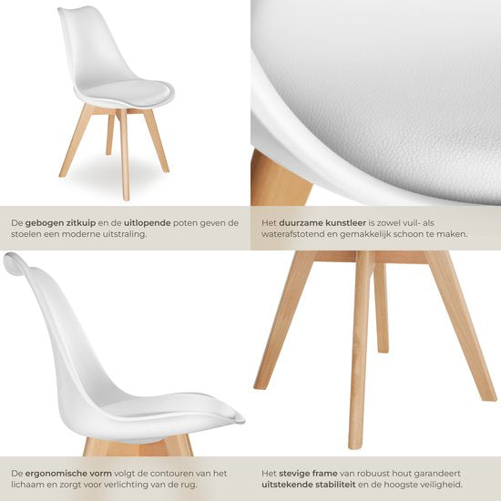 tectake® Dining Chair Frederikke - Lot de 4 chaises de salle à manger avec assise en tissu rembourrée - pieds en bois massif - Chaises ergonomiques adaptées au salon, à la salle à manger, à la chambre à coucher et à la cuisine - Capacité 120kg - Blanc