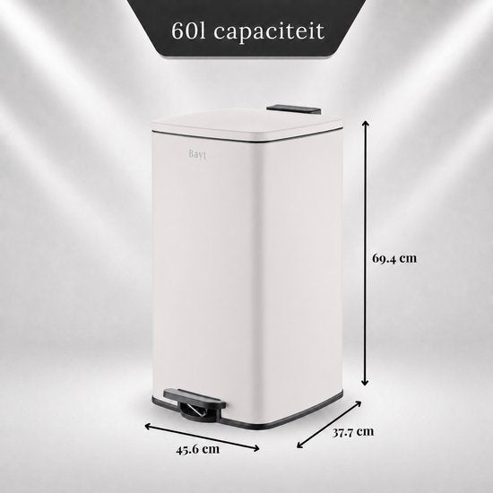 Poubelle Bayt - Poubelle 60 litres - Poubelle à pédale 60 litres - Poubelle 60 litres - Corbeille à déchets - Acier inoxydable - Blanc crème