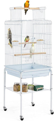 Cage à oiseaux Yaheetech pour perruches, canaris et perroquets - avec support, jouets et espace de rangement - Blanche - 46,5 x 46,5 x 136 cm