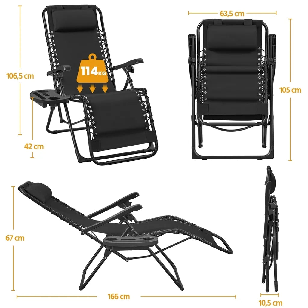 Yaheetech Lot de 2 chaises longues Zero Gravity - Noir - Chaises longues pliables avec oreiller et porte-gobelet