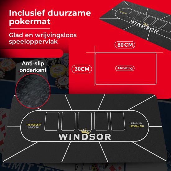 Set de poker Windsor - 300 jetons - Tissu de poker - Blinds - Cartes - Jetons de poker - Jetons de poker